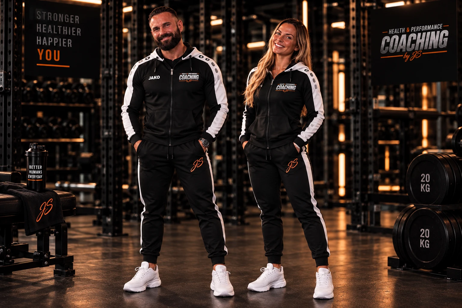 Sandro und Jenni gemeinsam in voller Körperansicht im schwarz-weißen JS-Coaching-Outfit